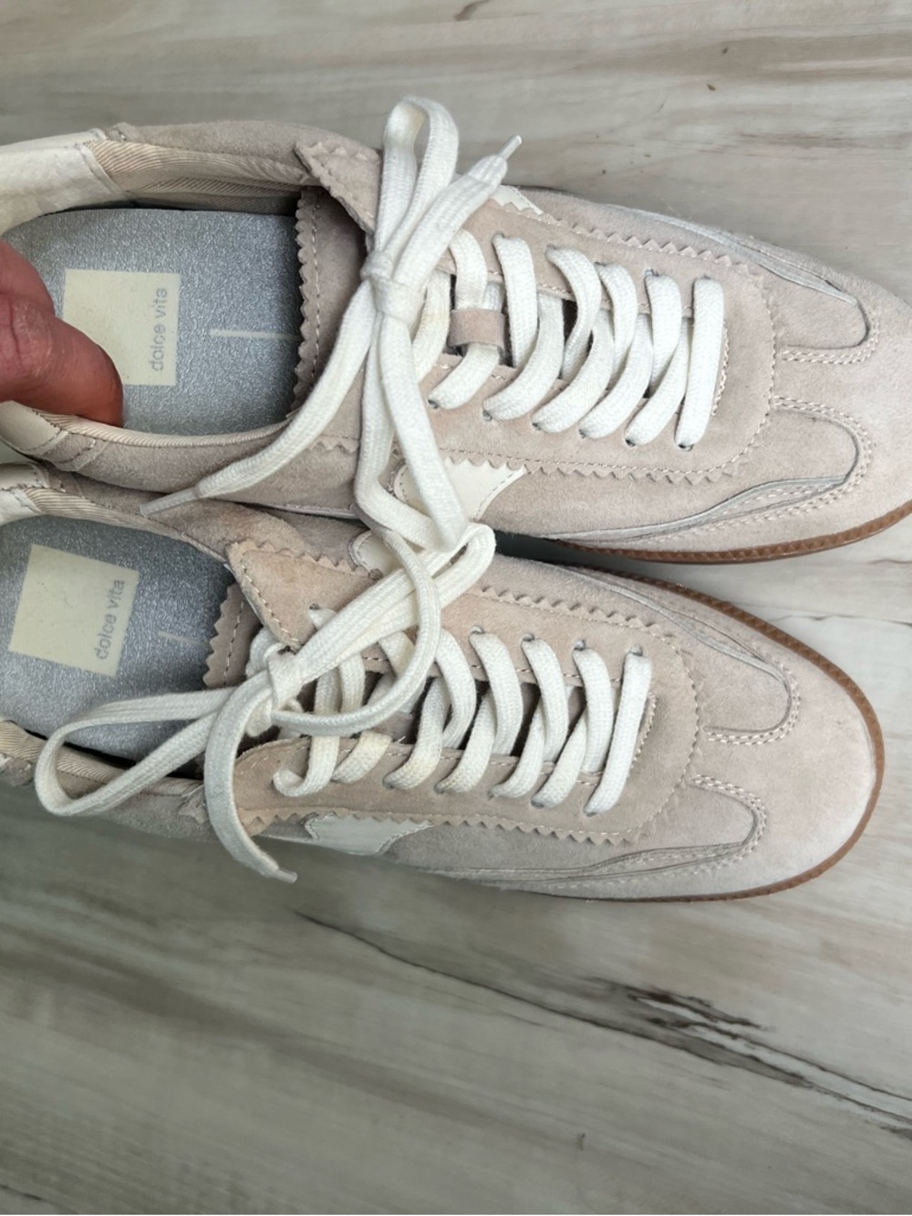 Dolce Vita Suede Sneakers in Light Beige & White with Gum Sole - Picture 3 of 8